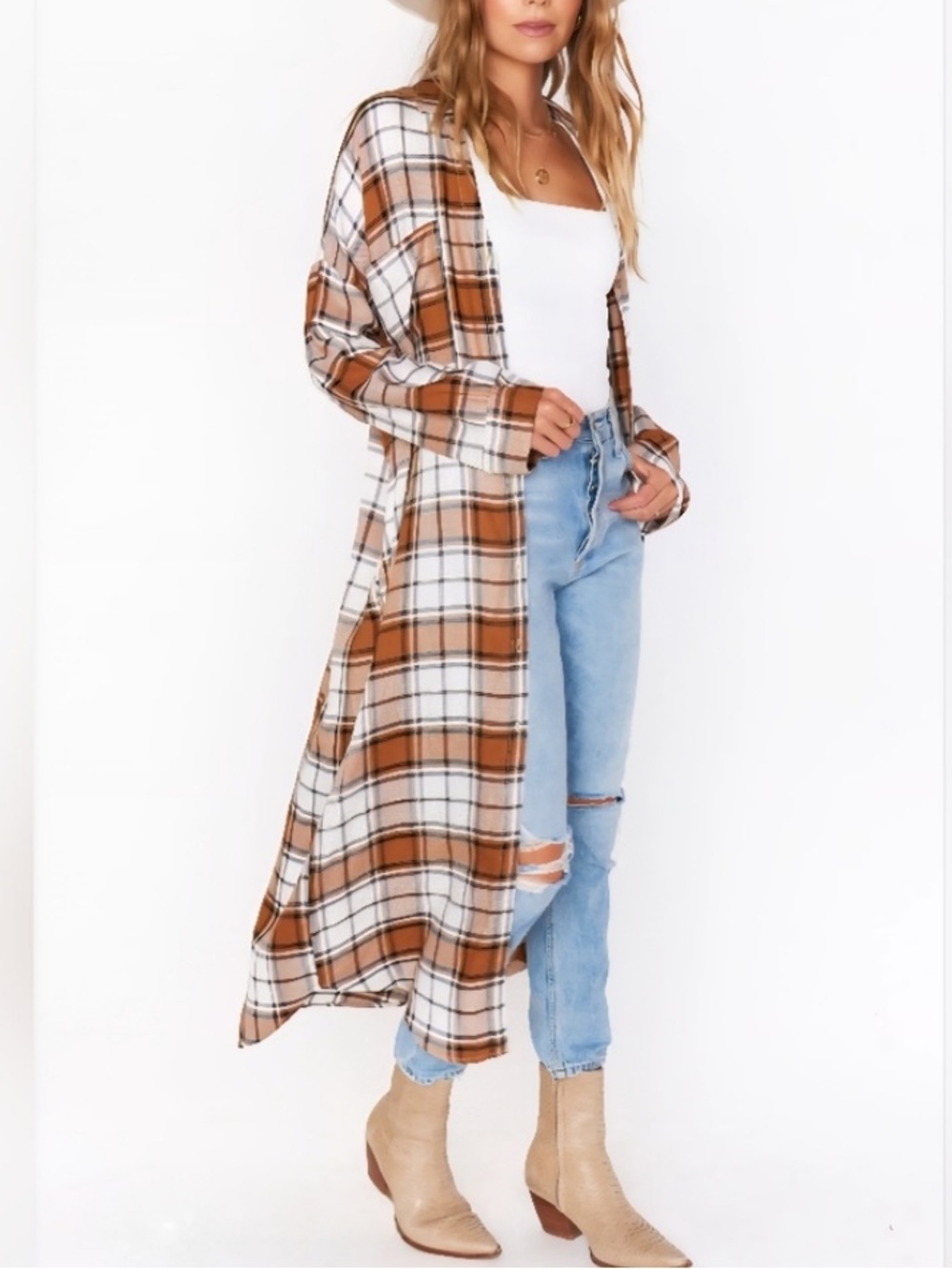 Show Me Your MuMu Long Plaid Duster/Dress (no belt) in Brown and Cream, XXL